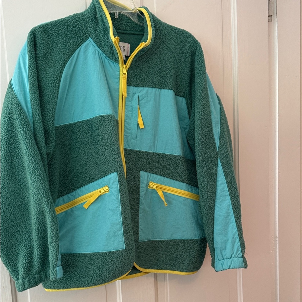 Teal and Green fleece Jacket with Yellow Zippers from Urban Outfitters